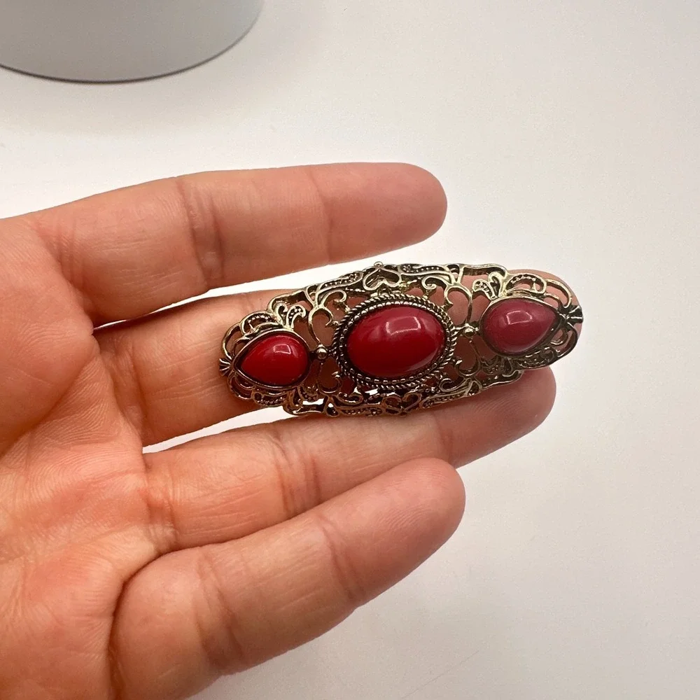 Vintage Y2K Gold Tone Filigree‎ Red Stone Ring Statement Women's Classic Jewelry